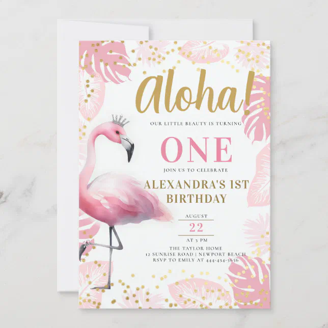 Pink Flamingo Tropical Hawaii Aloha 1st Birthday Invitation 