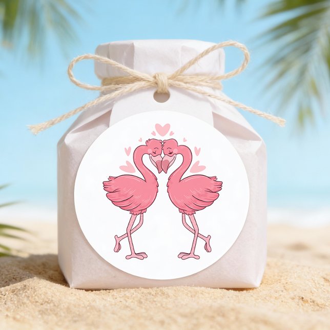 Pink Flamingo Tropical Hawaiian Beach Wedding Classic Round Sticker (Creator Uploaded)
