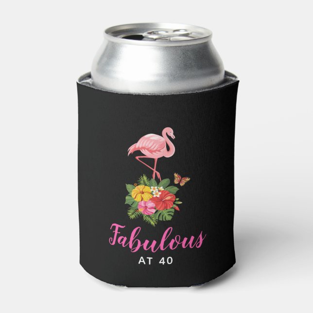 Pink Flamingo & Tropical Hibiscus Fabulous at 40 Can Cooler (Can Front)