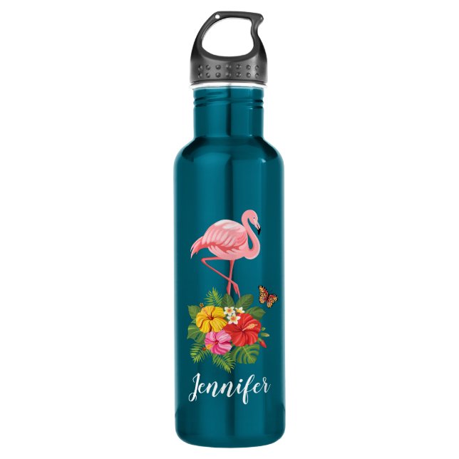 Pink Flamingo & Tropical Hibiscus Fancy 710 Ml Water Bottle (Front)