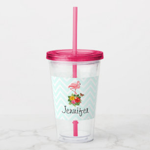 Pink Flamingo & Tropical Hibiscus Fancy Acrylic Tumbler