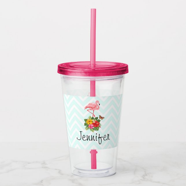 Pink Flamingo & Tropical Hibiscus Fancy Acrylic Tumbler (Front)