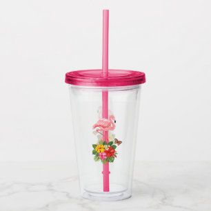 Pink Flamingo & Tropical Hibiscus Fancy Acrylic Tumbler