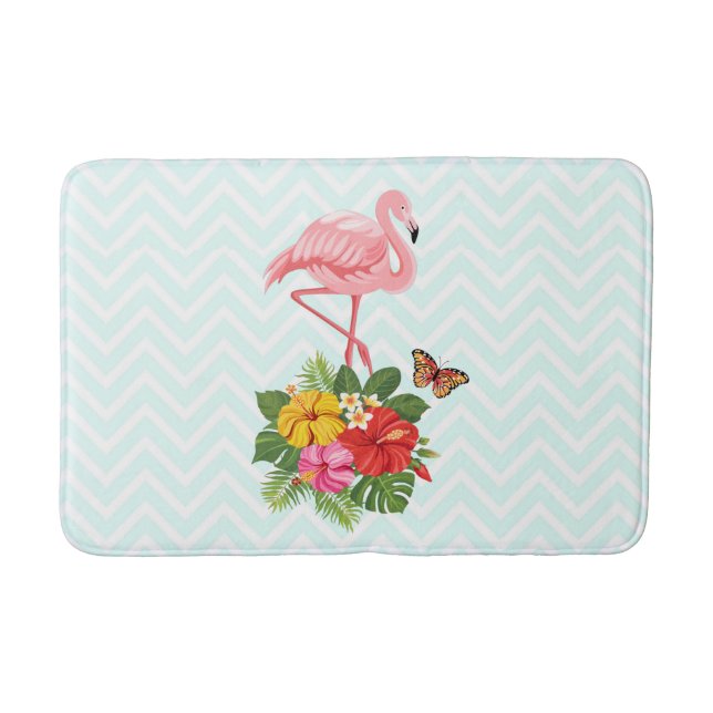 Pink Flamingo & Tropical Hibiscus Fancy Bath Mat (Front)