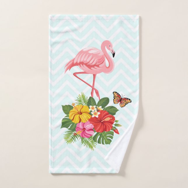 Pink Flamingo & Tropical Hibiscus Fancy Bath Towel Set (Hand Towel)