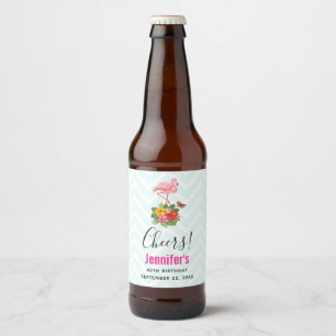 Pink Flamingo & Tropical Hibiscus Fancy Beer Bottle Label