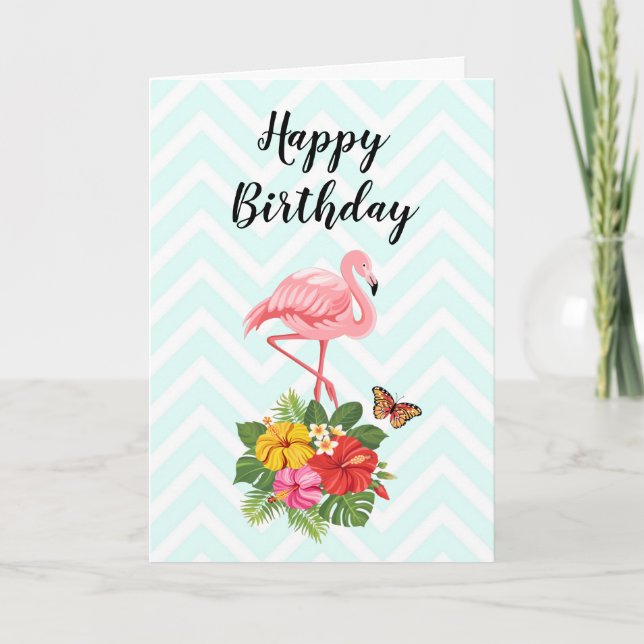 Pink Flamingo & Tropical Hibiscus Fancy Birthday Card (Front)