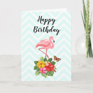 Pink Flamingo & Tropical Hibiscus Fancy Birthday Card