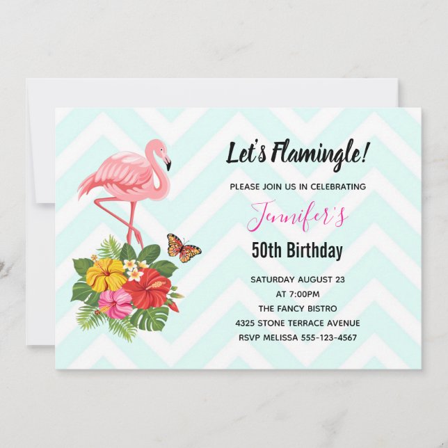 Pink Flamingo & Tropical Hibiscus Fancy Birthday Invitation (Front)