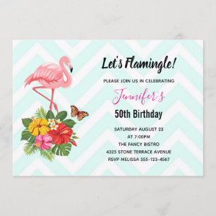 Pink Flamingo & Tropical Hibiscus Fancy Birthday Invitation