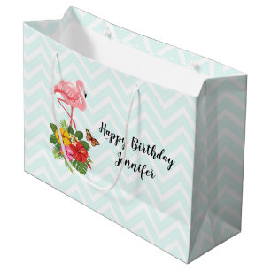 Pink Flamingo & Tropical Hibiscus Fancy Birthday Large Gift Bag