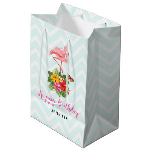 Pink Flamingo & Tropical Hibiscus Fancy Birthday Medium Gift Bag