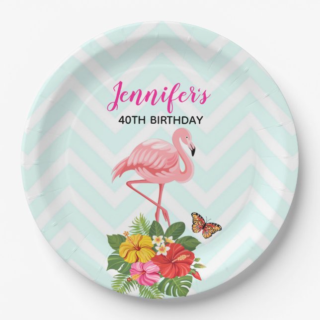 Pink Flamingo & Tropical Hibiscus Fancy Birthday Paper Plate (Front)