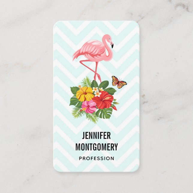 Pink Flamingo & Tropical Hibiscus Fancy Business Card (Front)