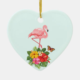 Pink Flamingo & Tropical Hibiscus Fancy Ceramic Tree Decoration