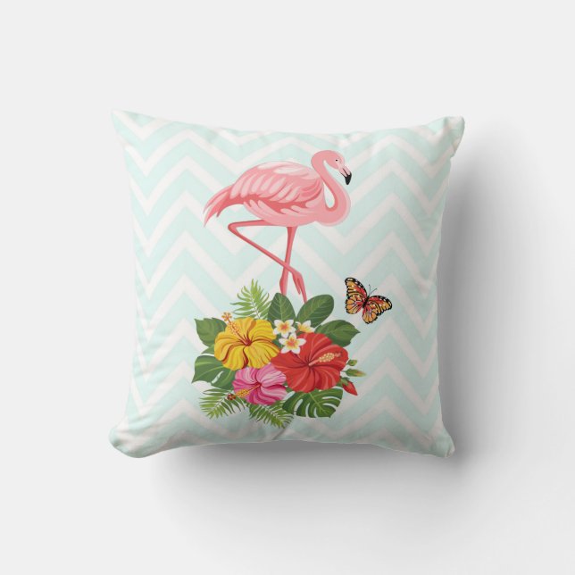 Pink Flamingo & Tropical Hibiscus Fancy Cushion (Front)