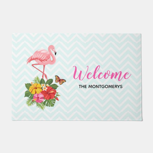 Pink Flamingo & Tropical Hibiscus Fancy Doormat (Front)