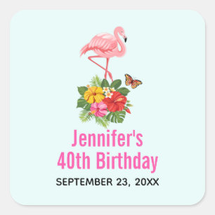 Pink Flamingo & Tropical Hibiscus Fancy Event Square Sticker