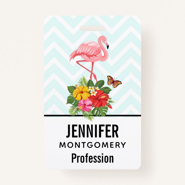 Pink Flamingo & Tropical Hibiscus Fancy ID Badge (Front)