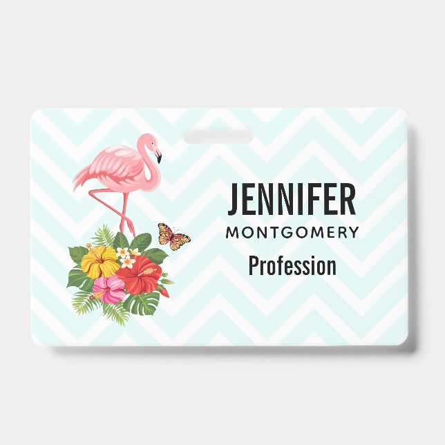 Pink Flamingo & Tropical Hibiscus Fancy ID Badge (Front)