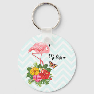 Pink Flamingo & Tropical Hibiscus Fancy Key Ring