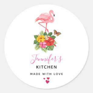 Pink Flamingo & Tropical Hibiscus Fancy Kitchen Classic Round Sticker