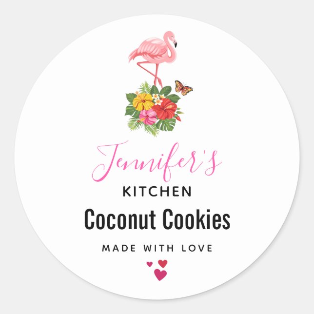 Pink Flamingo & Tropical Hibiscus Fancy Kitchen Classic Round Sticker (Front)