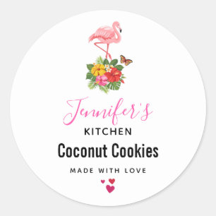 Pink Flamingo & Tropical Hibiscus Fancy Kitchen Classic Round Sticker