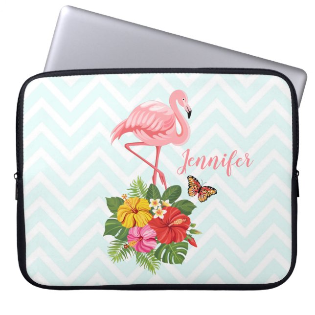 Pink Flamingo & Tropical Hibiscus Fancy Laptop Sleeve (Front)