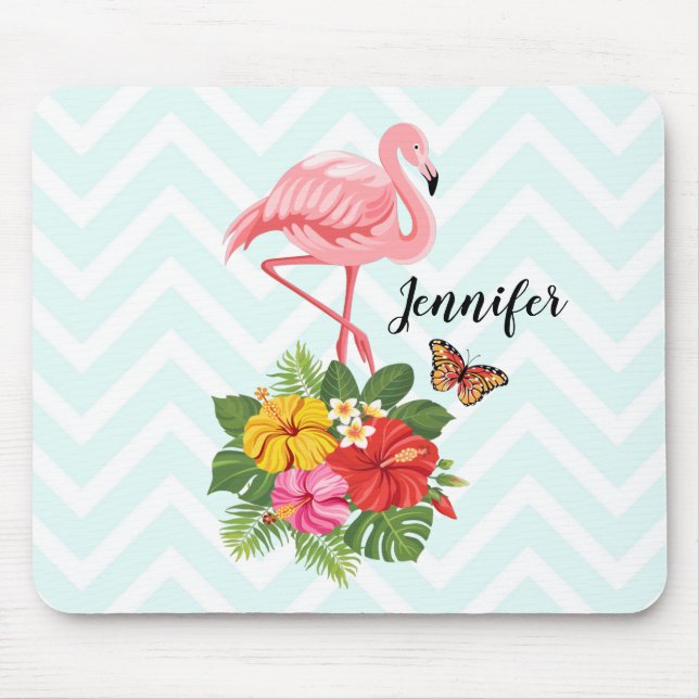 Pink Flamingo & Tropical Hibiscus Fancy Mouse Mat (Front)