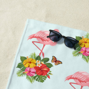 Pink Flamingo & Tropical Hibiscus Fancy Pattern Beach Towel