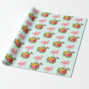 Pink Flamingo & Tropical Hibiscus Fancy Pattern Wrapping Paper