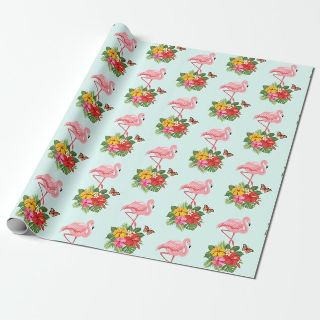 Pink Flamingo & Tropical Hibiscus Fancy Pattern Wrapping Paper (Unrolled)