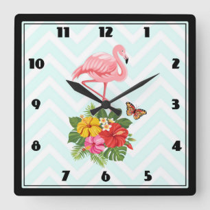 Pink Flamingo & Tropical Hibiscus Fancy Square Wall Clock
