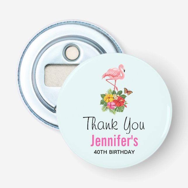 Pink Flamingo & Tropical Hibiscus Fancy Thank You Bottle Opener (Front)