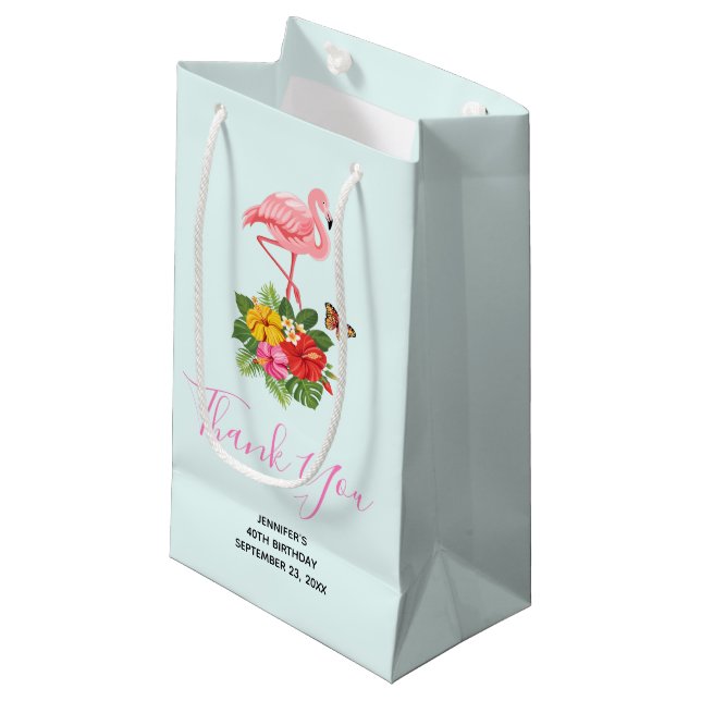 Pink Flamingo & Tropical Hibiscus Fancy Thank You Small Gift Bag (Front Angled)