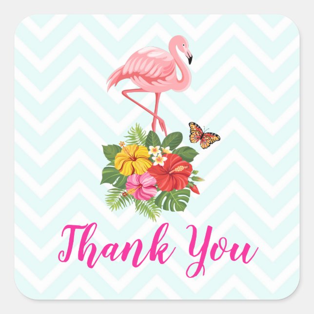 Pink Flamingo & Tropical Hibiscus Fancy Thank You Square Sticker (Front)