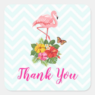 Pink Flamingo & Tropical Hibiscus Fancy Thank You Square Sticker