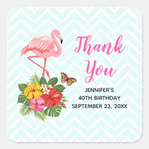 Pink Flamingo & Tropical Hibiscus Fancy Thank You Square Sticker