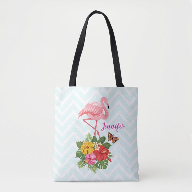 Pink Flamingo & Tropical Hibiscus Fancy Tote Bag (Front)