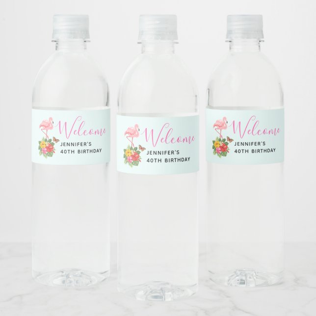 Pink Flamingo & Tropical Hibiscus Fancy Water Bottle Label (Bottles)
