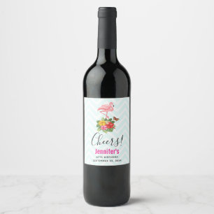 Pink Flamingo & Tropical Hibiscus Fancy Wine Label