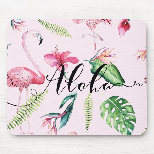 Pink Flamingo Tropical Hibiscus Floral Aloha Mouse Mat (Front)