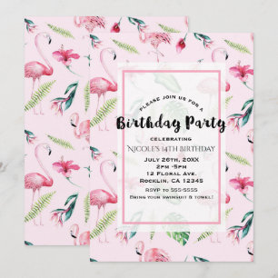 Pink Flamingo Tropical Hibiscus Floral Birthday Invitation