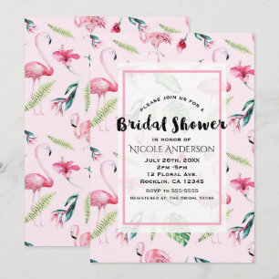 Pink Flamingo Tropical Hibiscus Floral Bridal Invitation