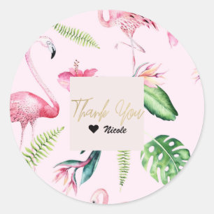 Pink Flamingo Tropical Hibiscus Floral Fun Favour Classic Round Sticker