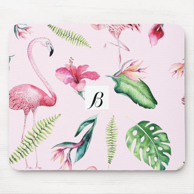 Pink Flamingo Tropical Hibiscus Floral Fun Mouse Mat (Front)