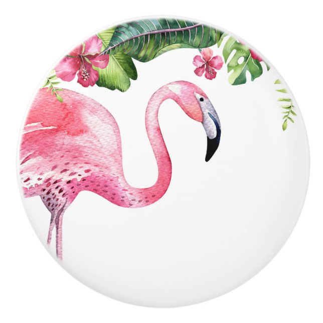 Pink Flamingo Tropical Hibiscus Island Summer Ceramic Knob (Front)