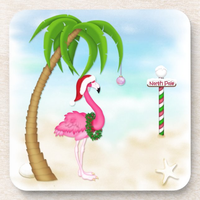 Pink Flamingo Tropical Holiday Coasters (Front)