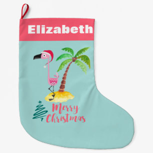 Pink Flamingo Tropical Island Christmas Large Christmas Stocking